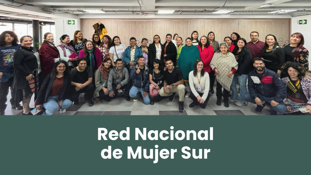 Grupo de personas posando en un evento de la Red Nacional de Mujer Sur. Imagen de un gran grupo de mujeres y hombres en un espacio cerrado con el logo de la Red Nacional de Mujer Sur en la parte inferior.