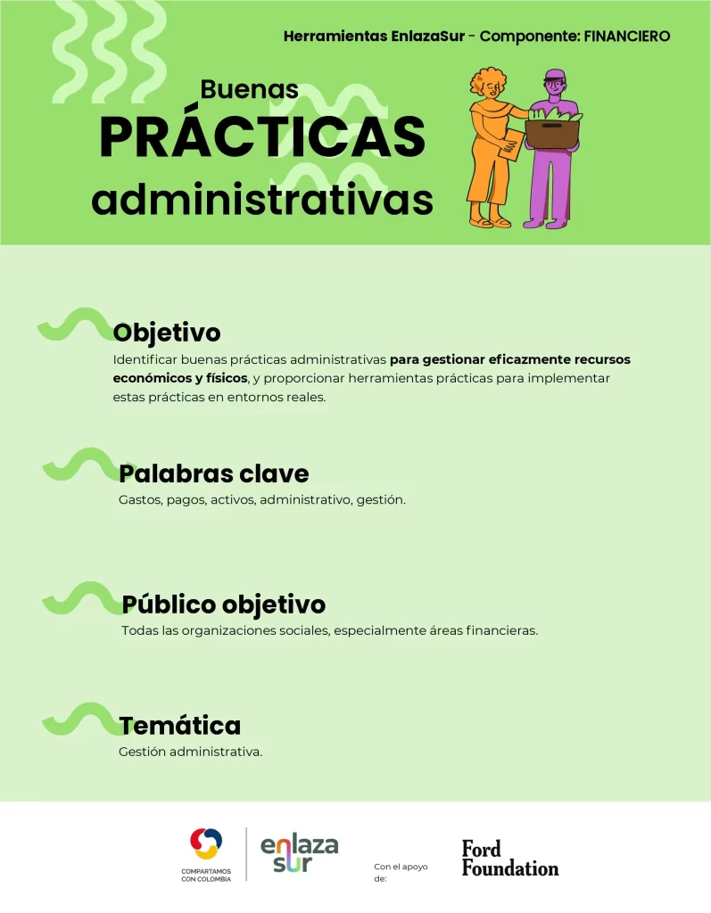 Ilustración sobre buenas prácticas administrativas para gestionar eficientemente recursos económicos y físicos en organizaciones sociales.